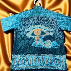 Vtg FUBU The Collection Shirt Mens XL Teal Gold Egyptian Eye Horus Swirl Print
